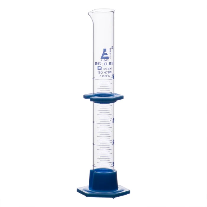 Cylinder Measuring Graduated, class 'B', detachable plastic hex. base with spout and protection collar, borosilicate glass