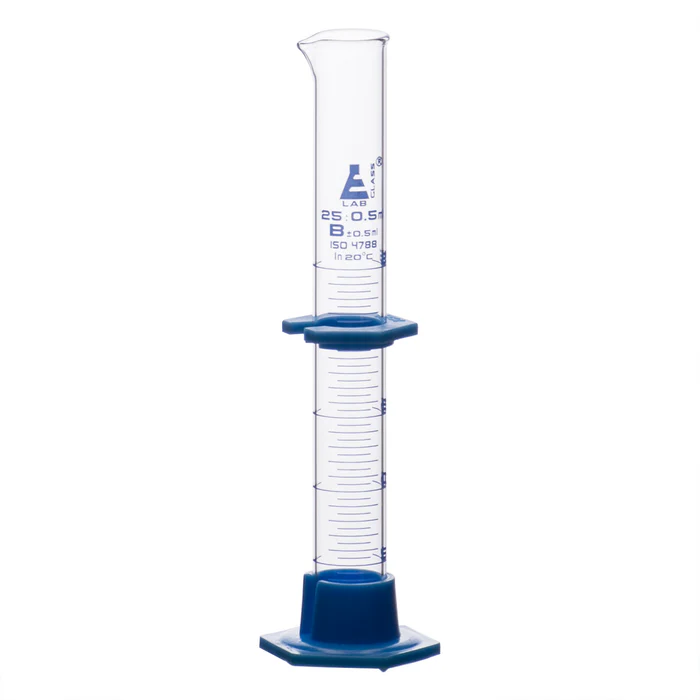 Cylinder Measuring Graduated, class 'B', detachable plastic hex. base with spout and protection collar, borosilicate glass